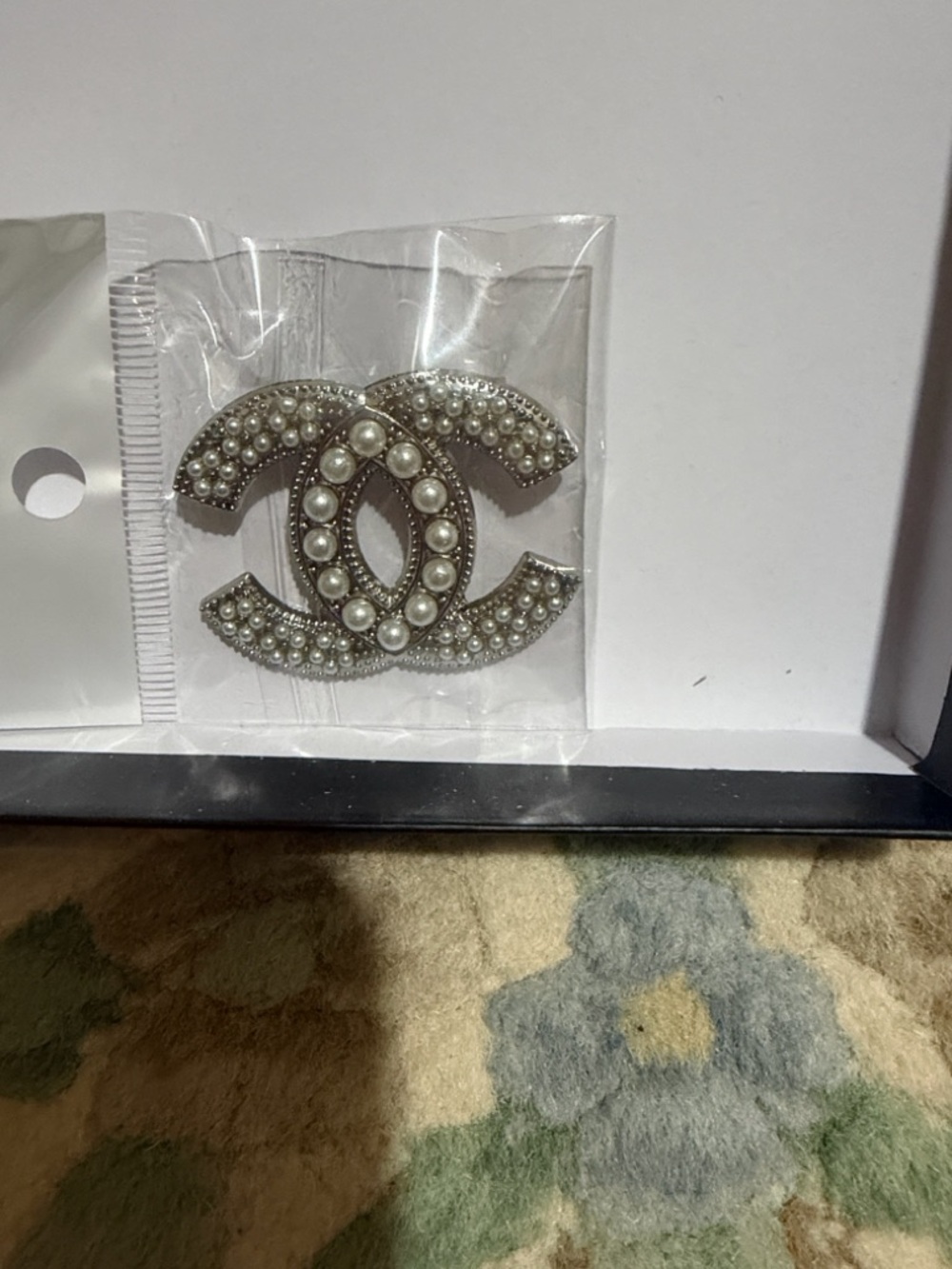 Pearl-Embellished Double C Logo Brooch - Silver